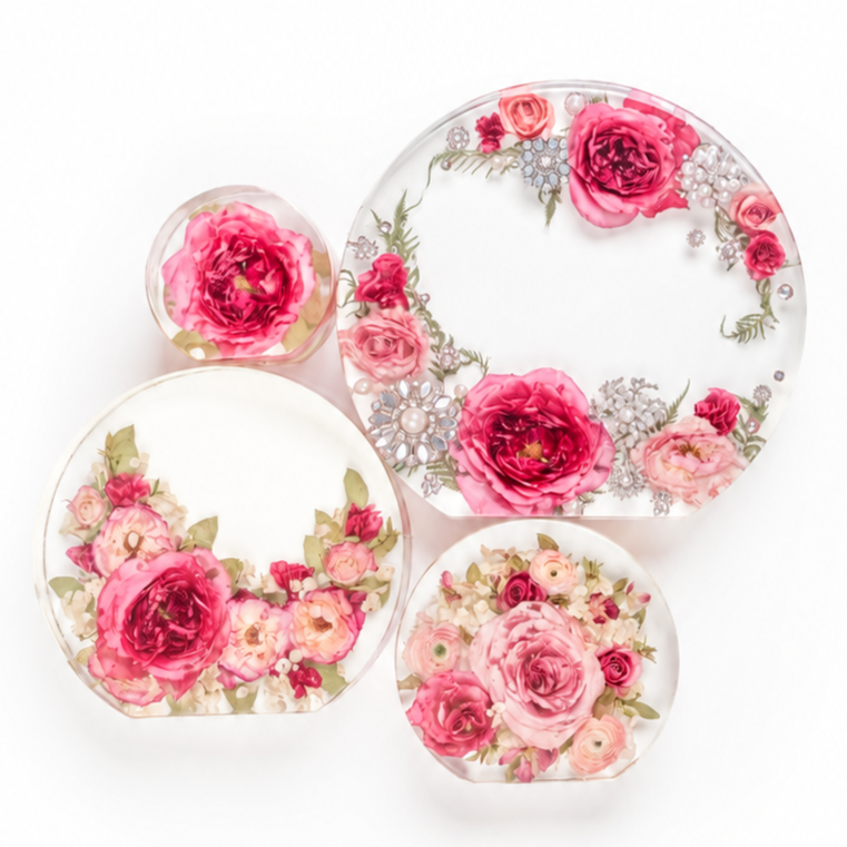 Four round clear resin pieces with a floral print, featuring pink and red roses, green leaves, and small pearl-like accents, arranged on a white background.